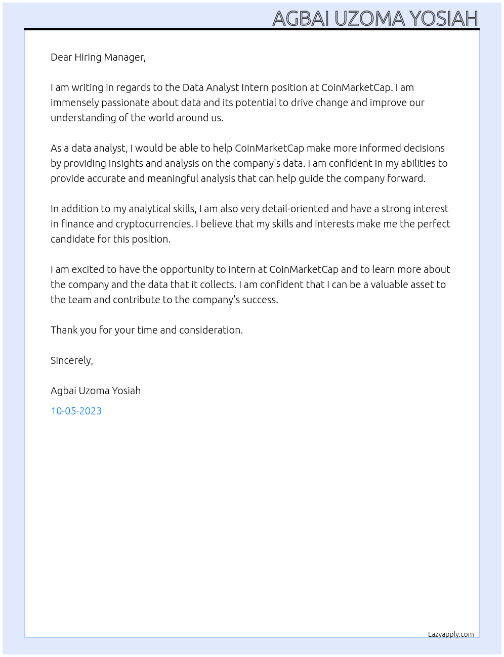 Data Analyst Intern At CoinMarketCap Cover Letter