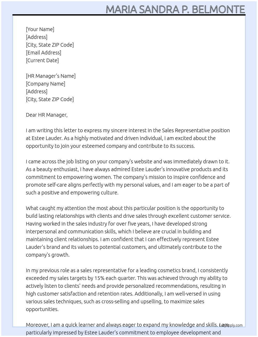 sales representative At Estee Lauder Cover Letter