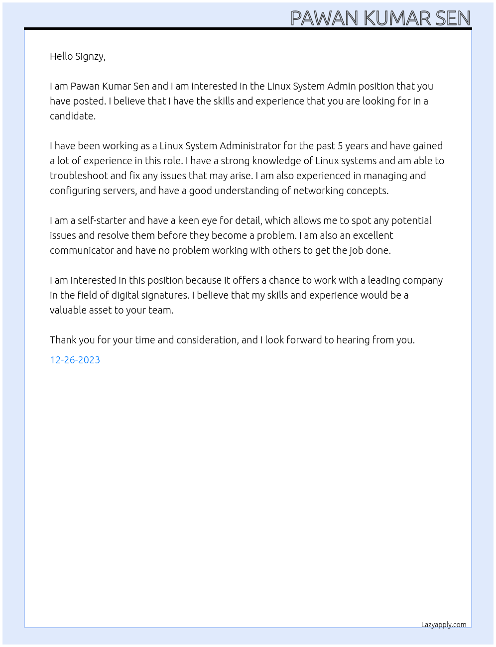 Linux System Admin At Signzy Cover Letter