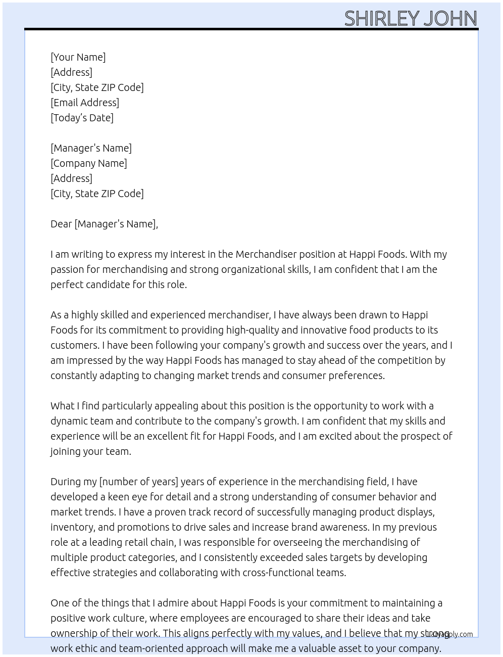 Merchandiser At Happi Foods Cover Letter