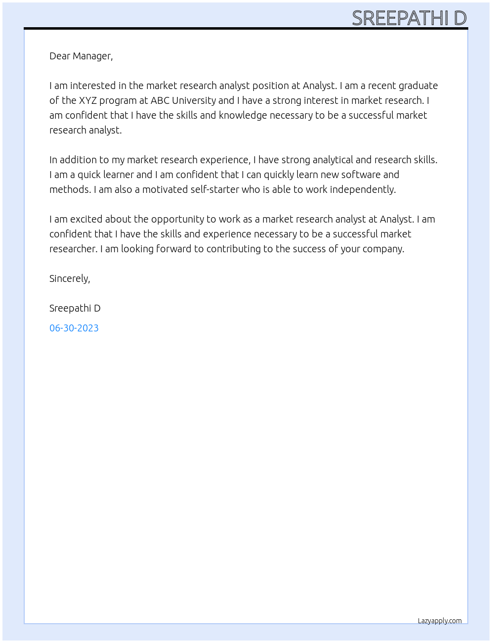 Market research analyst At Analyst Cover Letter