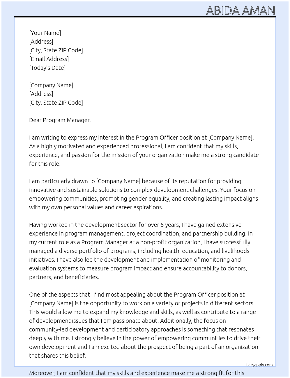 program officer At AKF Cover Letter