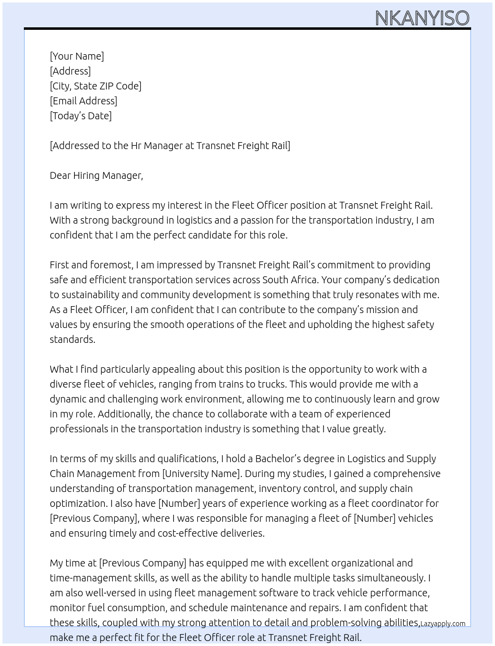 FLEET OFFICER At Transnet Freight Rail Cover Letter