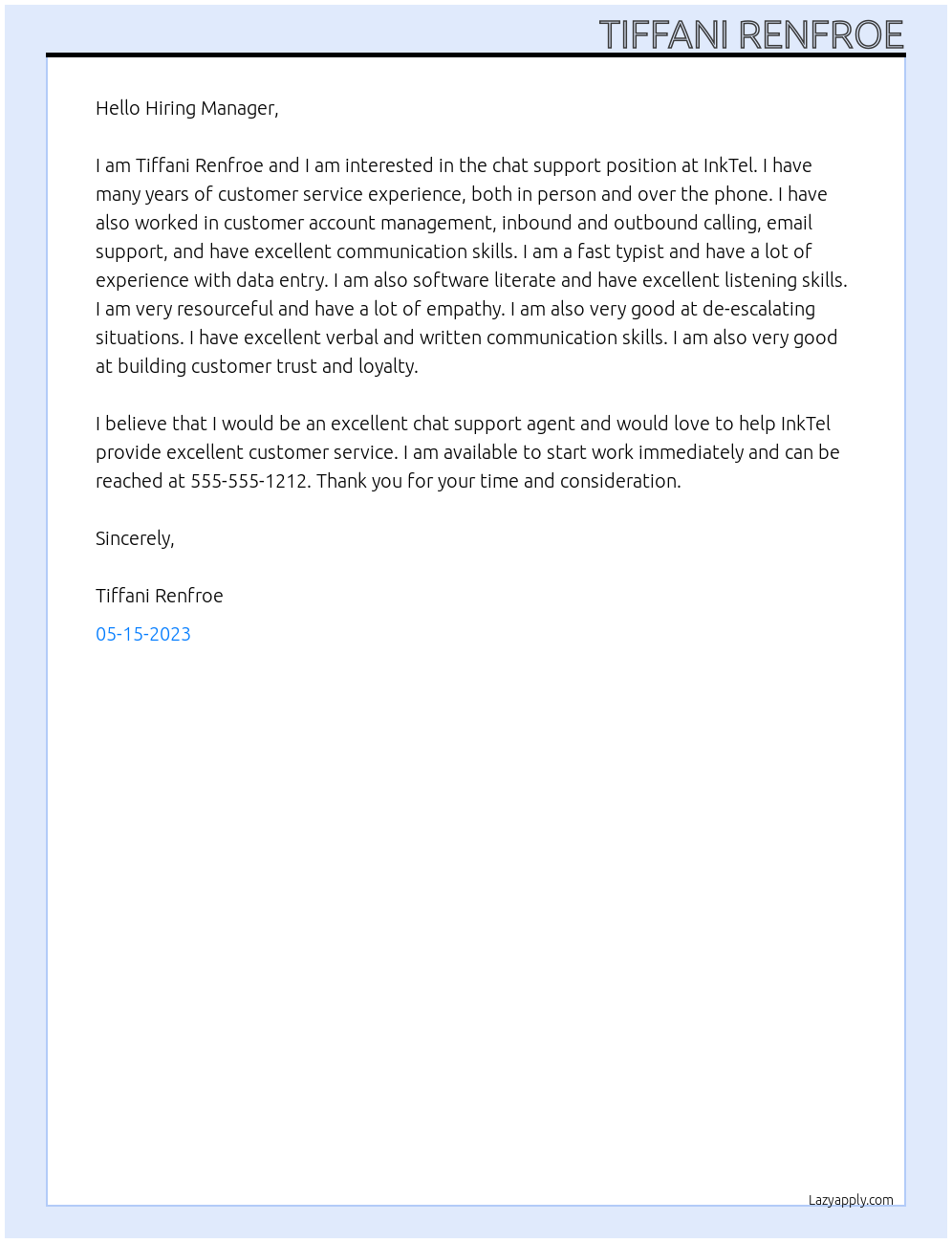 chat support At InkTel Cover Letter