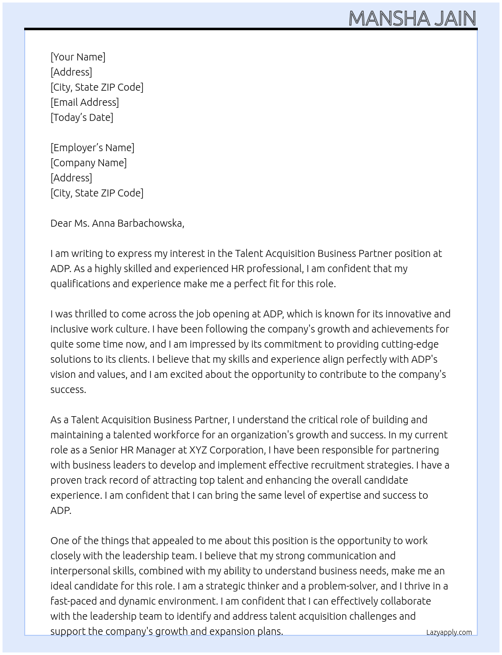 Talent Acquisition Business Partner At ADP Cover Letter