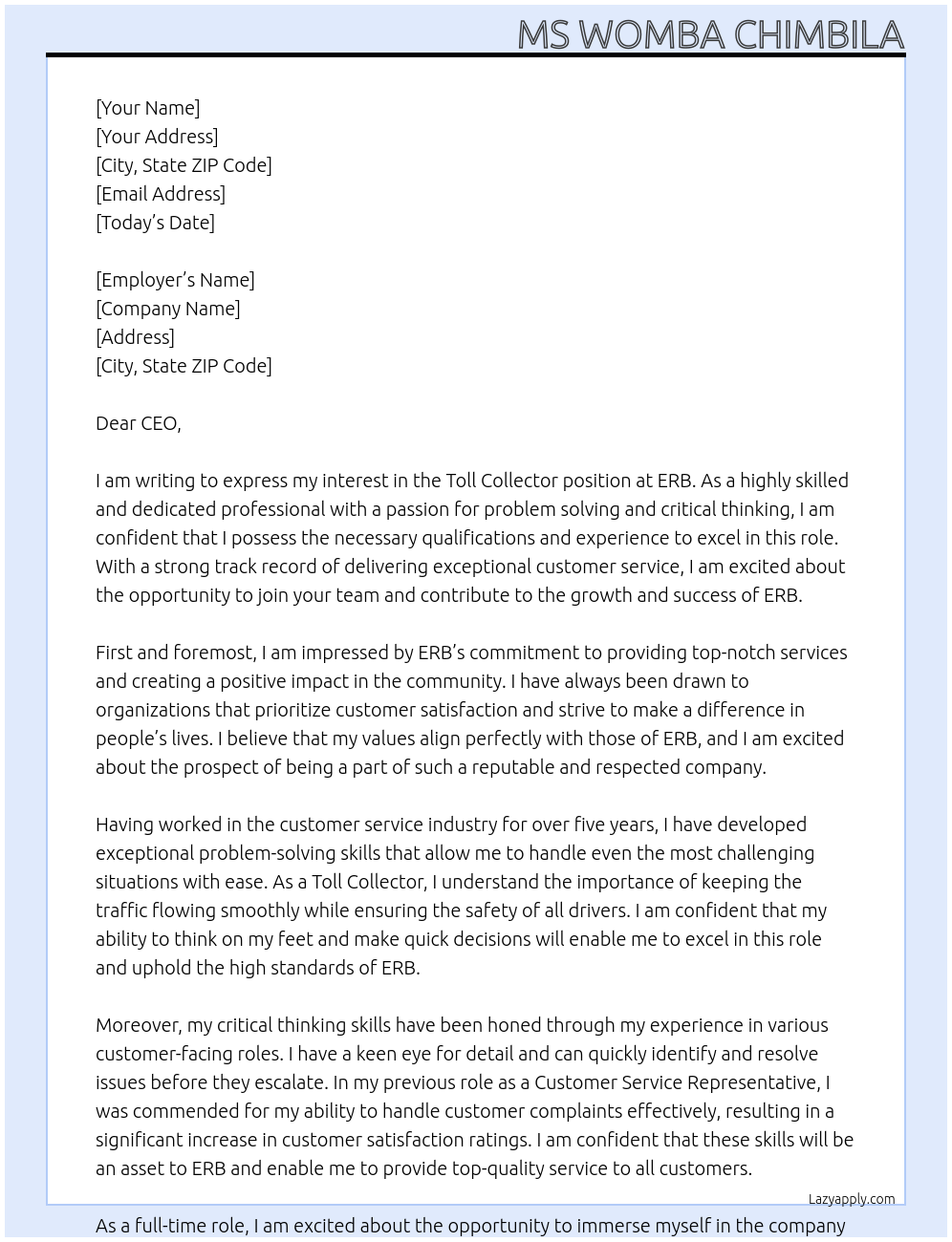 Toll collector At ERB Cover Letter