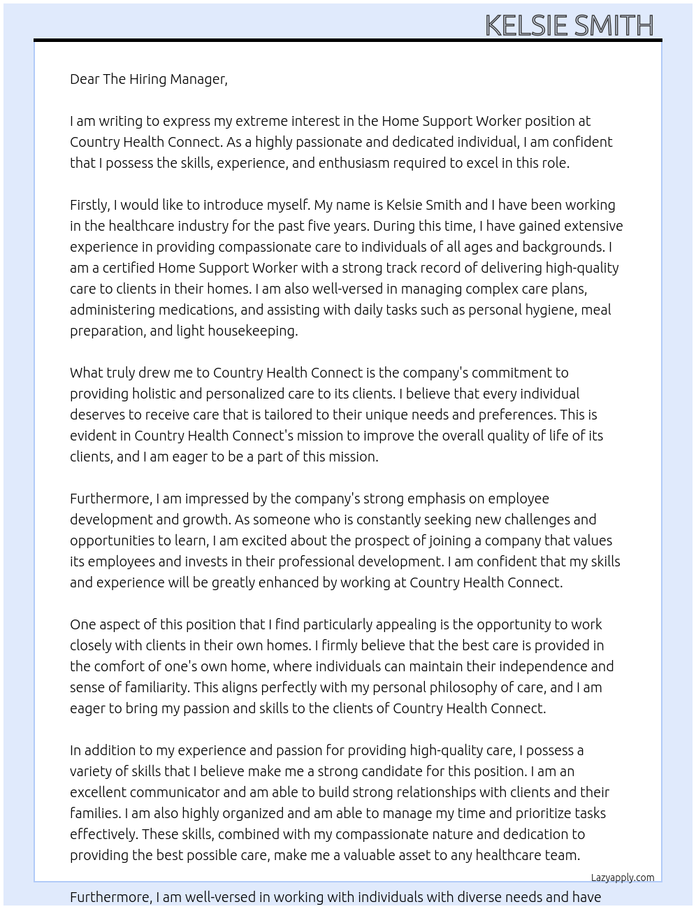 Home Support Worker  At Country Health Connect  Cover Letter