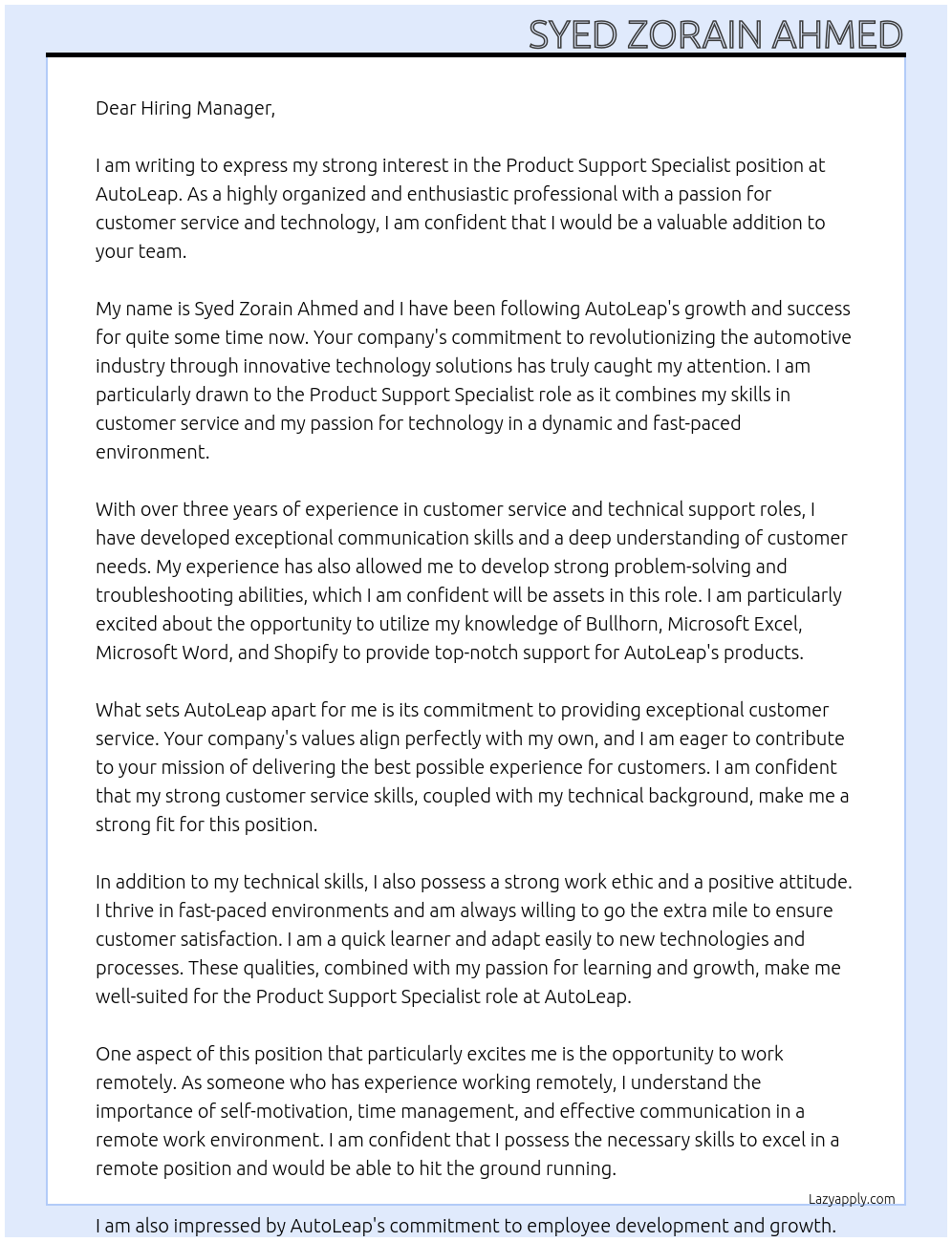 Product Support Specialist At AutoLeap Cover Letter