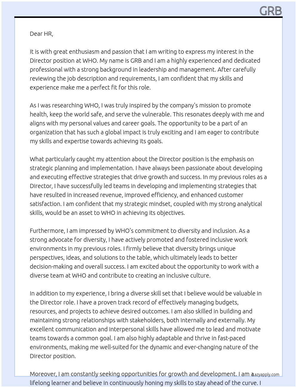 Director At WHO Cover Letter