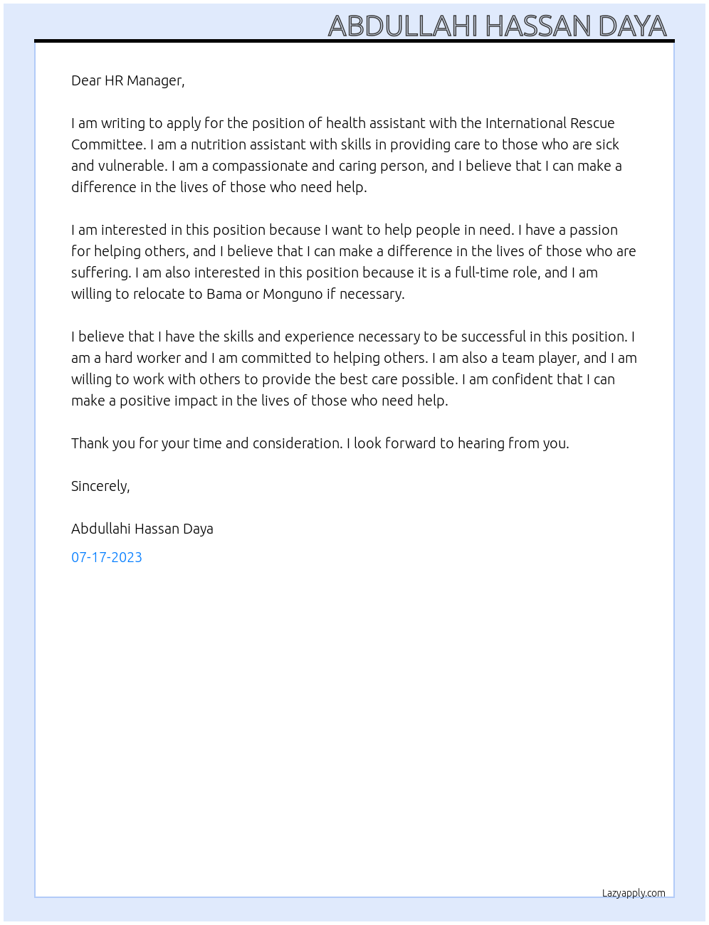 Health assistant At International Rescue committee Cover Letter