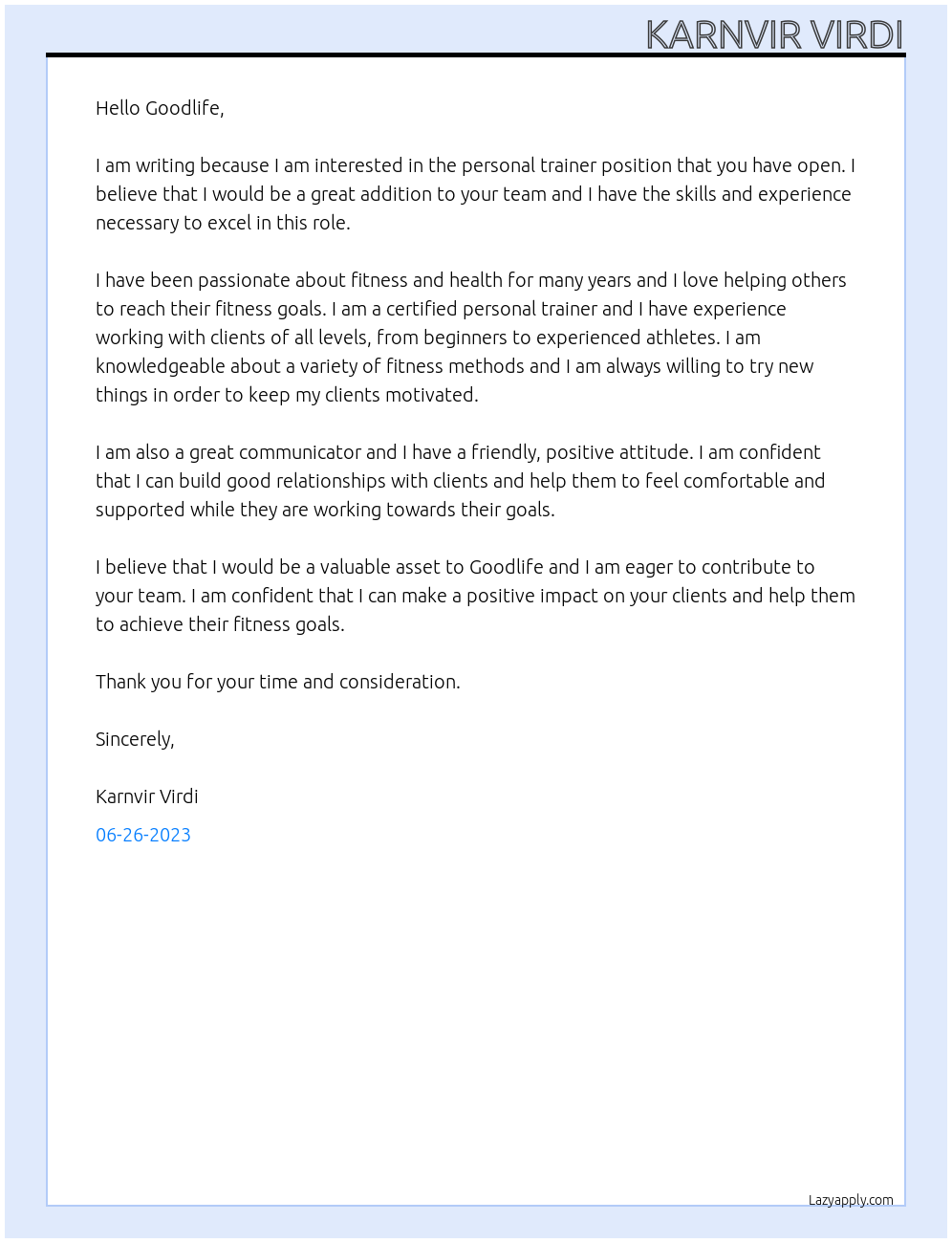 Personal Trainer At Goodlife Cover Letter