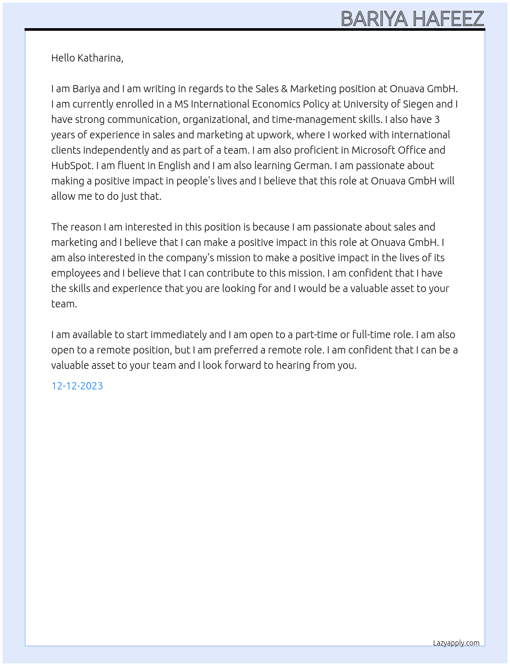 Sales & Marketing At Onuava GmbH Cover Letter