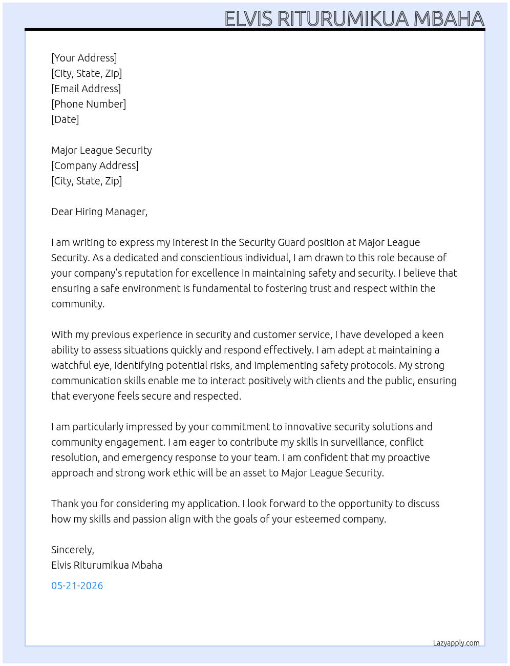 Security Guard At Elvis Riturumikua Mbaha Cover Letter