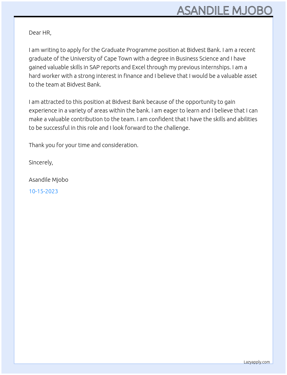 Graduate Programme At Bidvest Bank Cover Letter