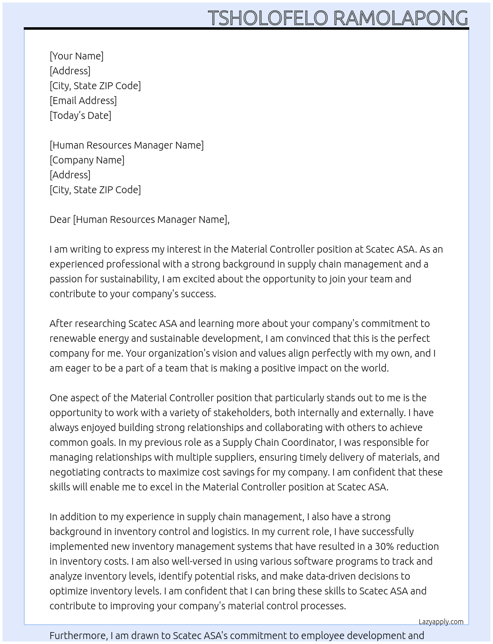 Material Controller At Scatec ASA Cover Letter