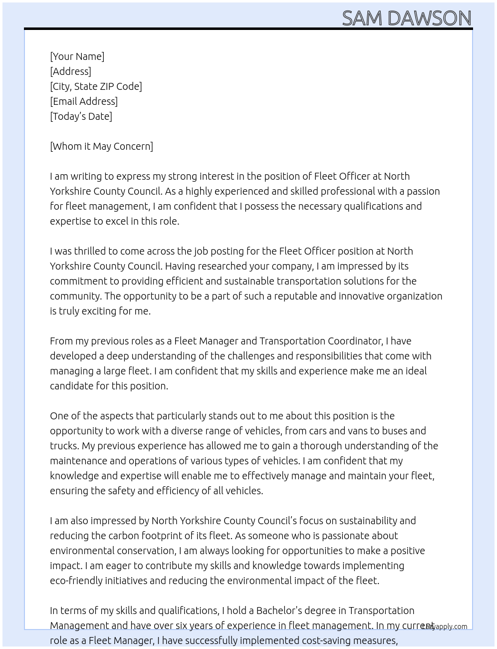 Fleet Officer At North Yorkshire County Council Cover Letter