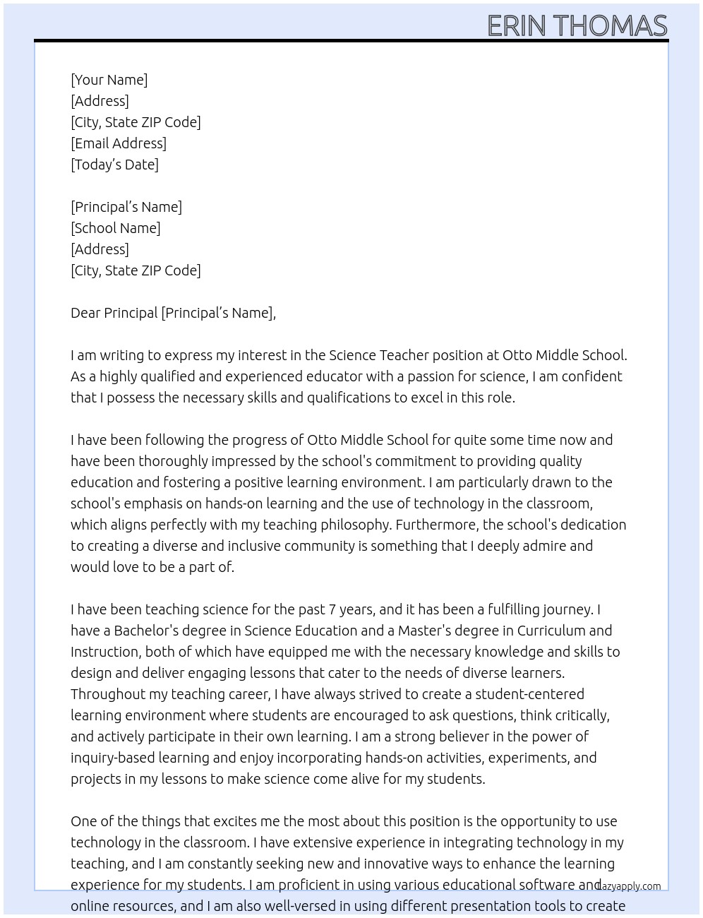Science Teacher At Otto Middle School Cover Letter