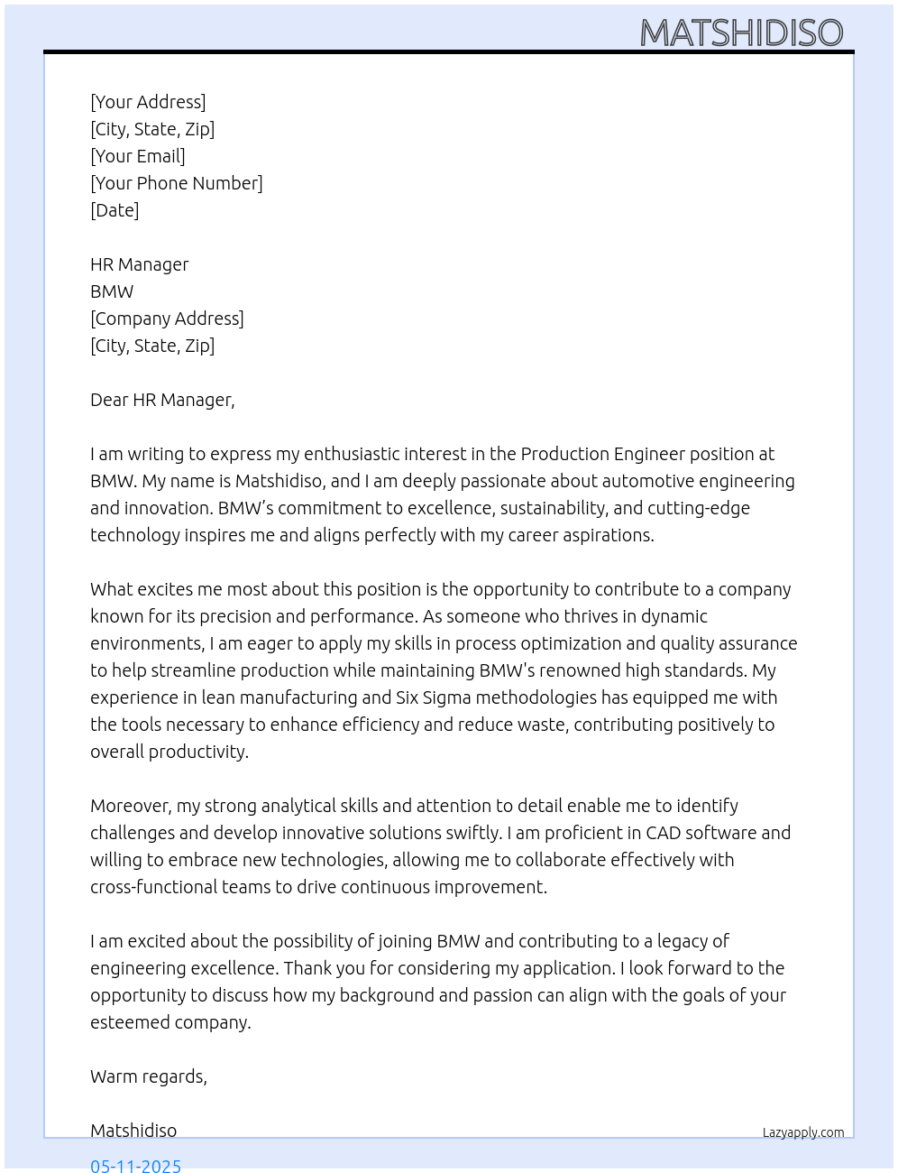 Production engineer At BMW Cover Letter