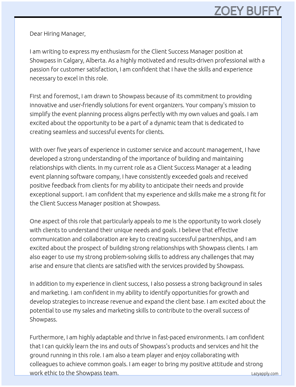 Client Success Manager At Showpass Cover Letter