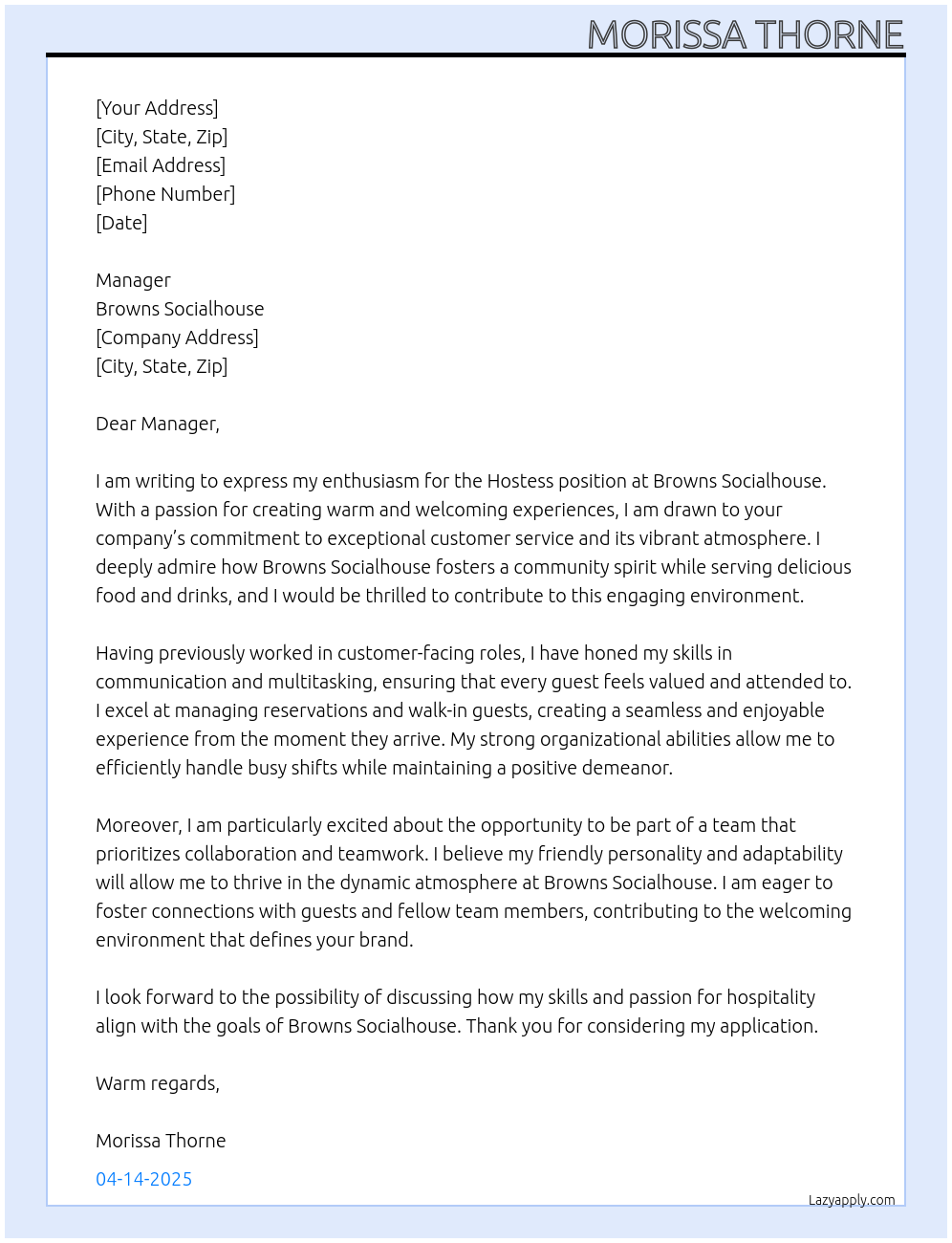 Hostess At Browns socialhouse Cover Letter