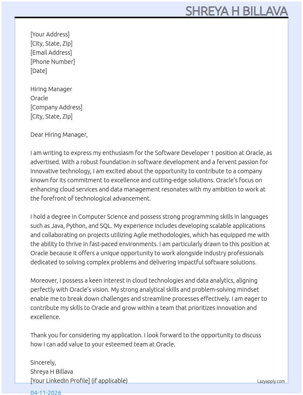 Software Developer 1 At Oracle Cover Letter