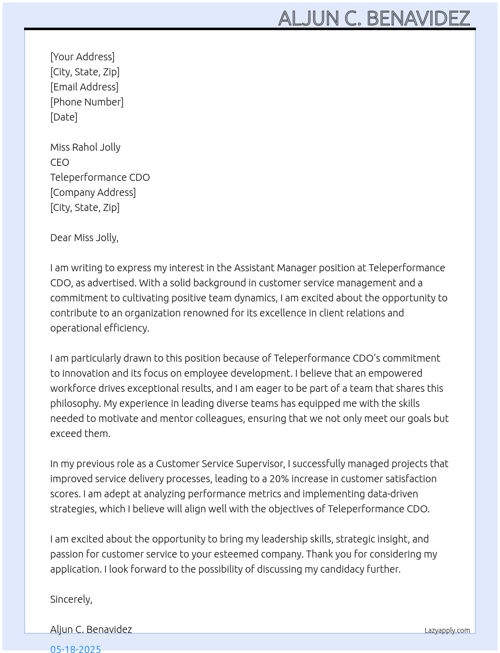 Assistant Manager At Teleperformance CDO Cover Letter