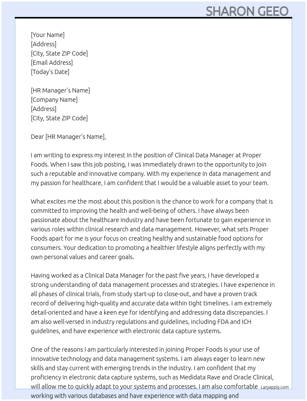 Clinical data manager At Proper Foods Cover Letter