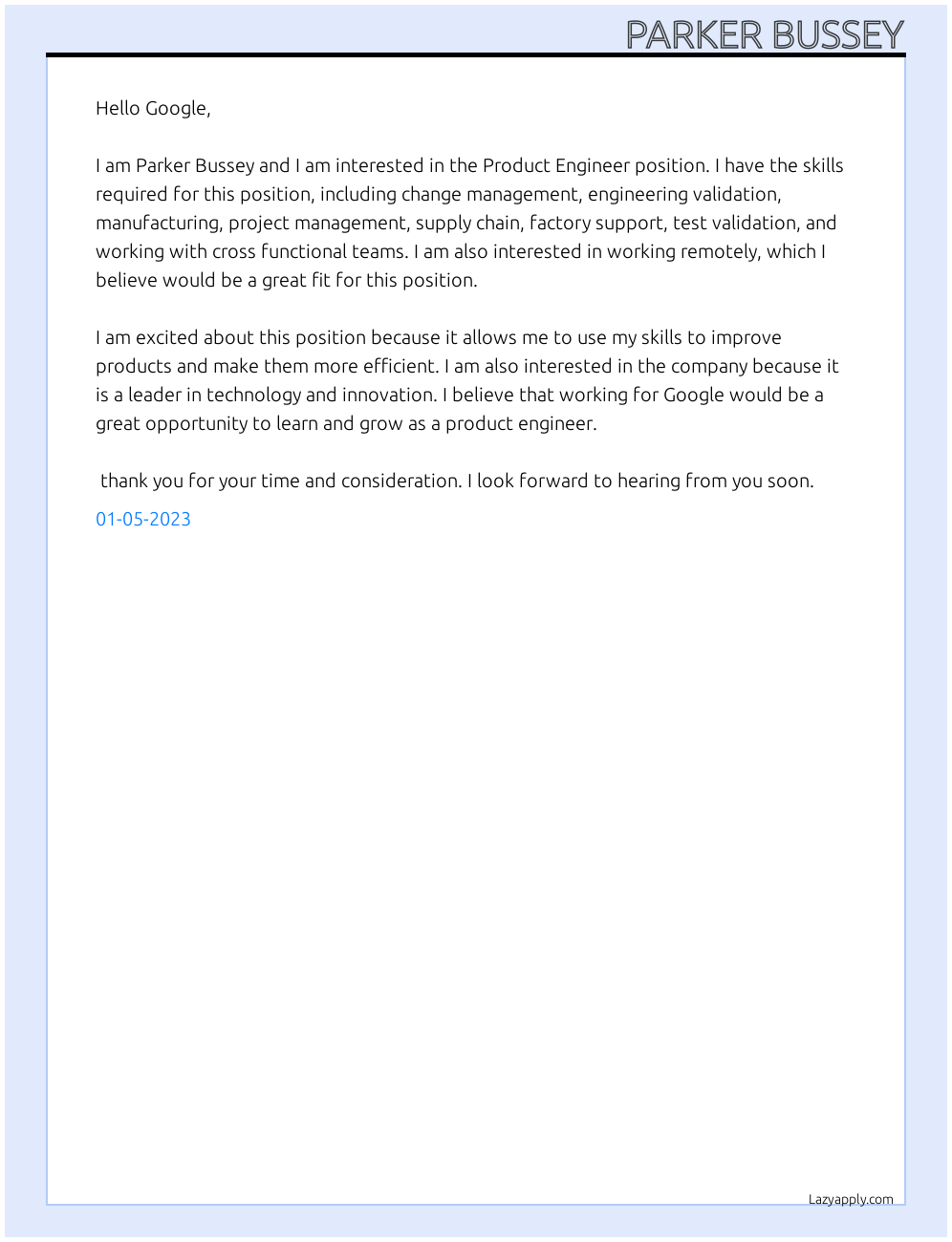 Product Engineer At Google Cover Letter