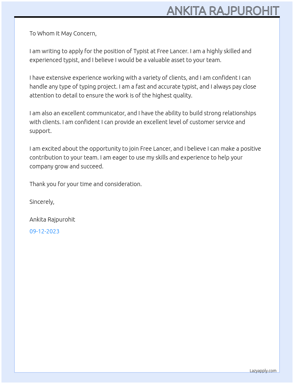 TYPIST At FREE LANCER Cover Letter