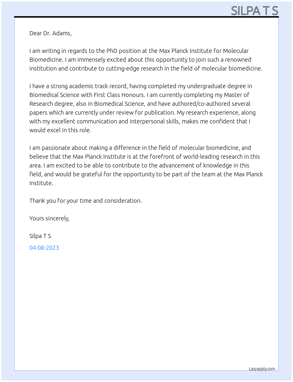 PhD At Max Planck Institute for Molecular Biomedicine Cover Letter