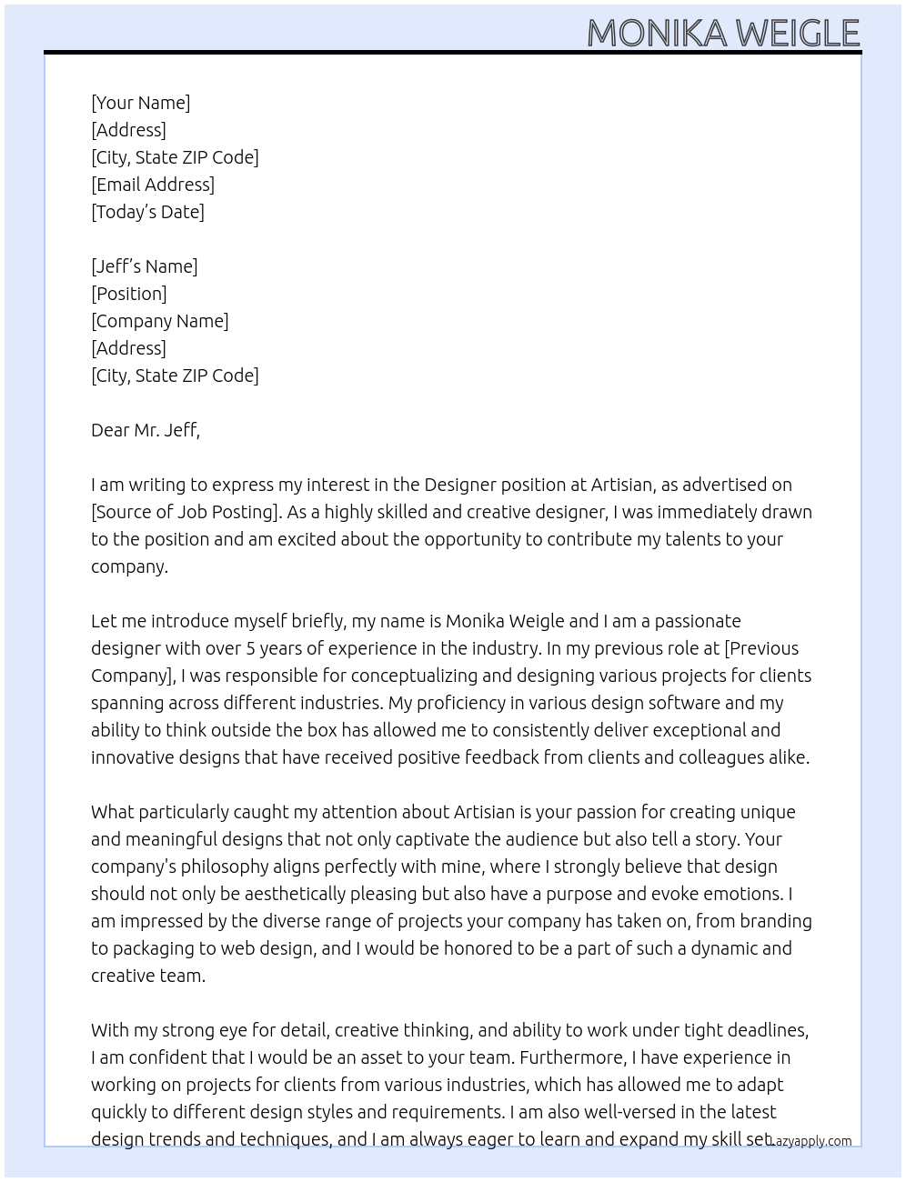 designer At artisian Cover Letter