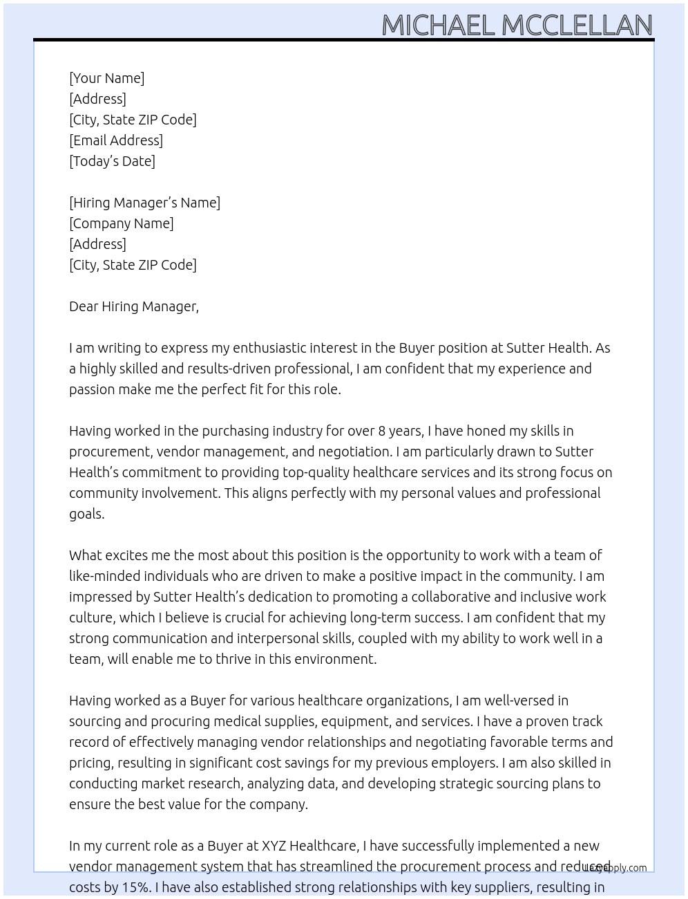 Buyer At Sutter Health Cover Letter