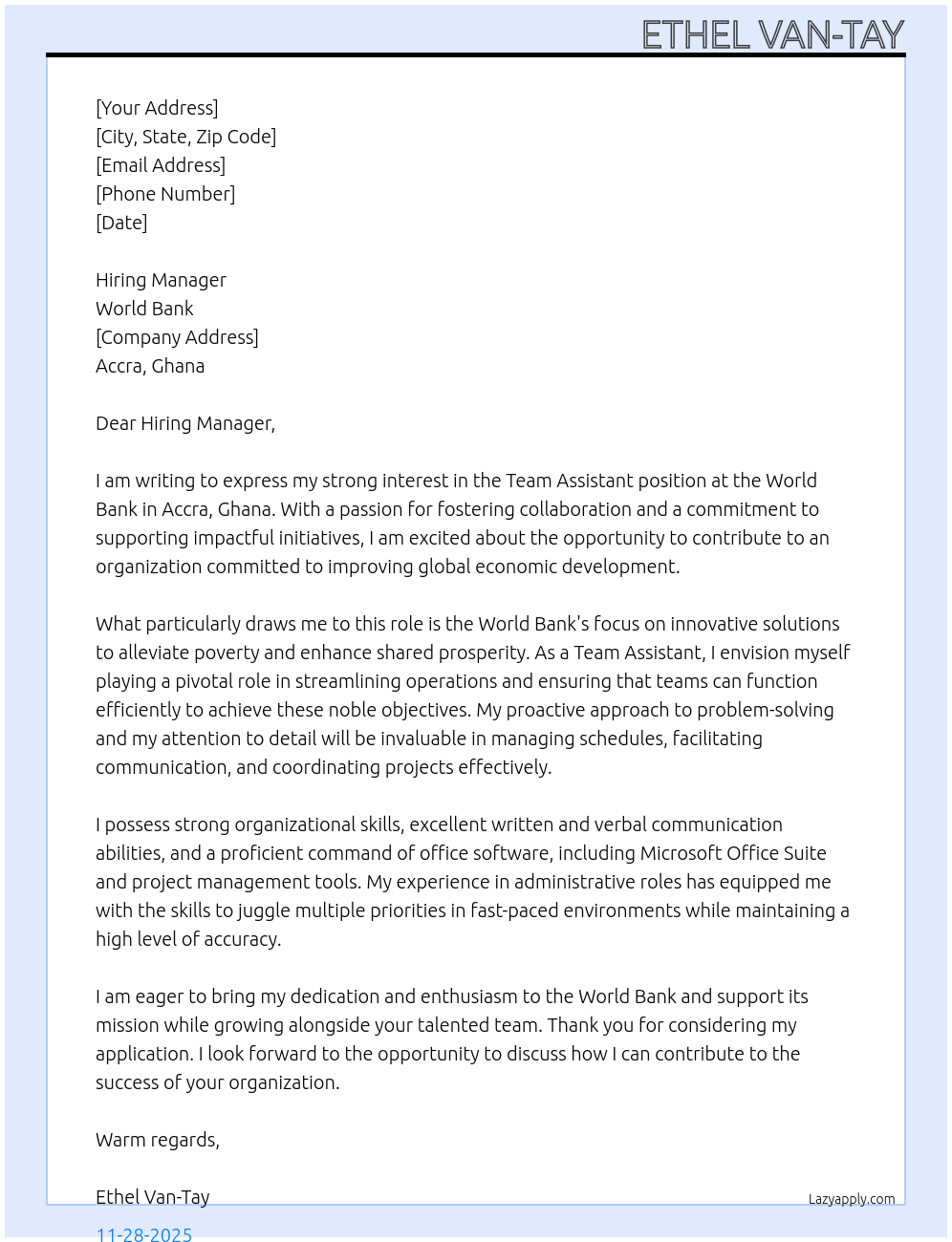 Team Assistant At World Bank Cover Letter