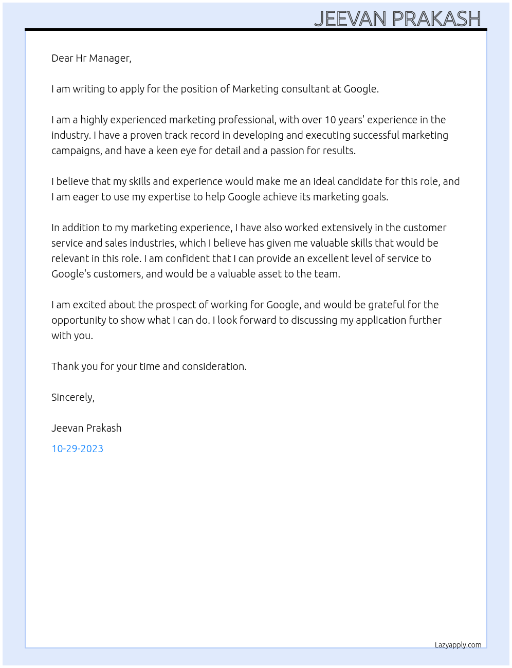 Marketing consultant At GOOGLE Cover Letter