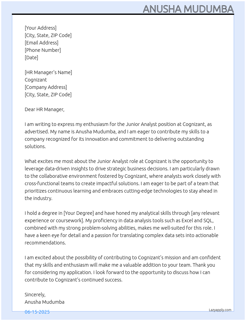junior analyst At Cognizant Cover Letter