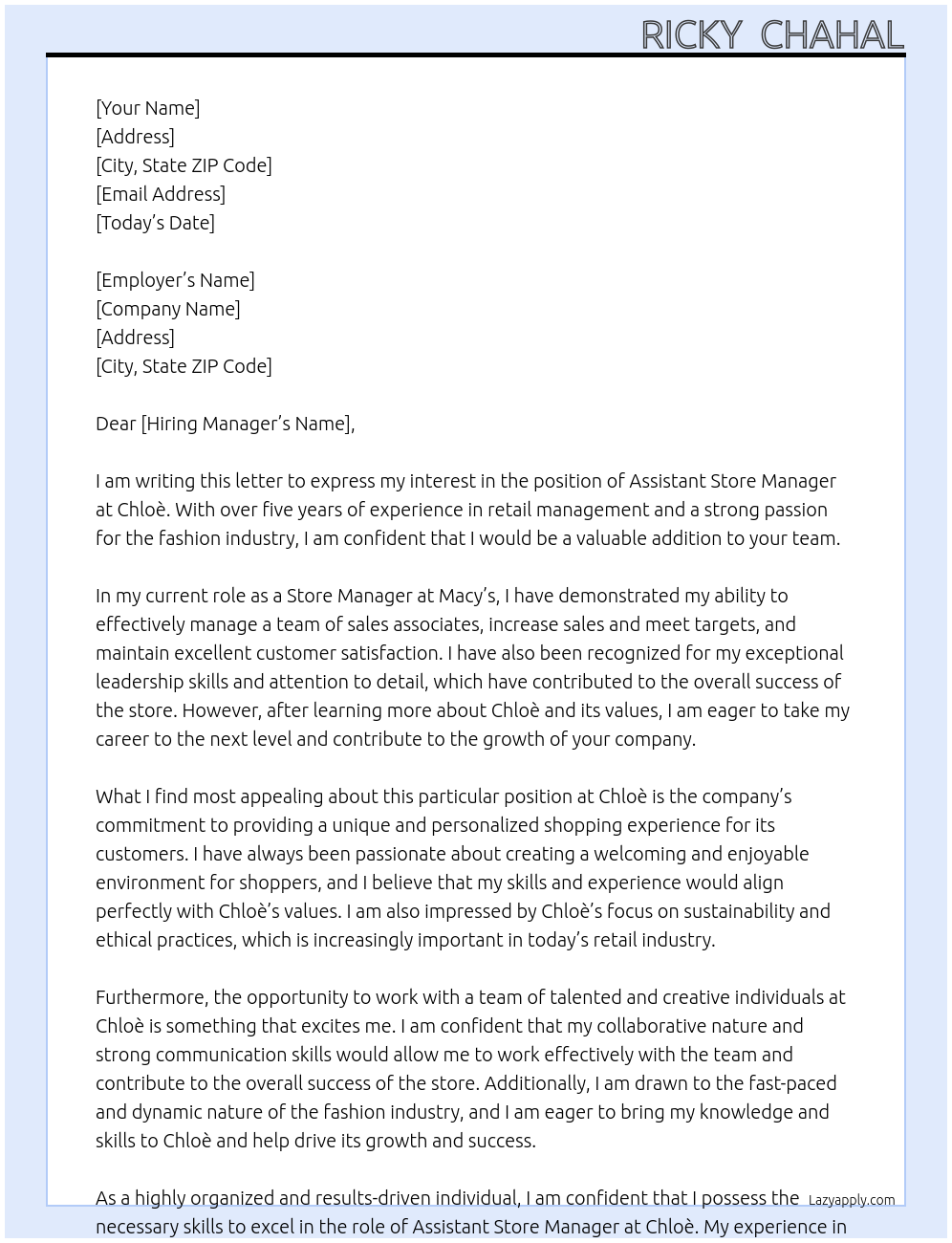 Assistant store manager At Chloè Cover Letter