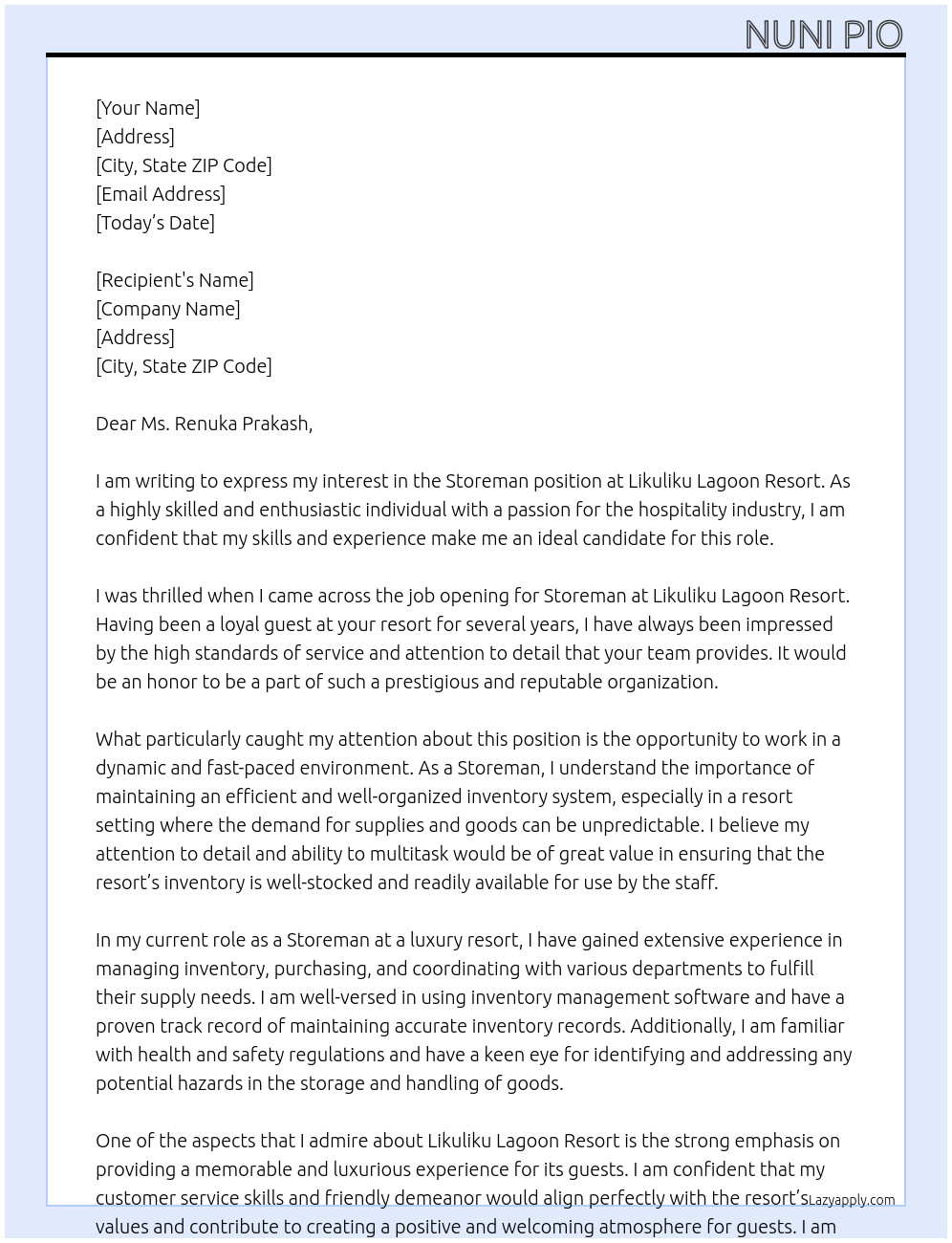 Storeman At Likuliku Lagoon Resort Cover Letter