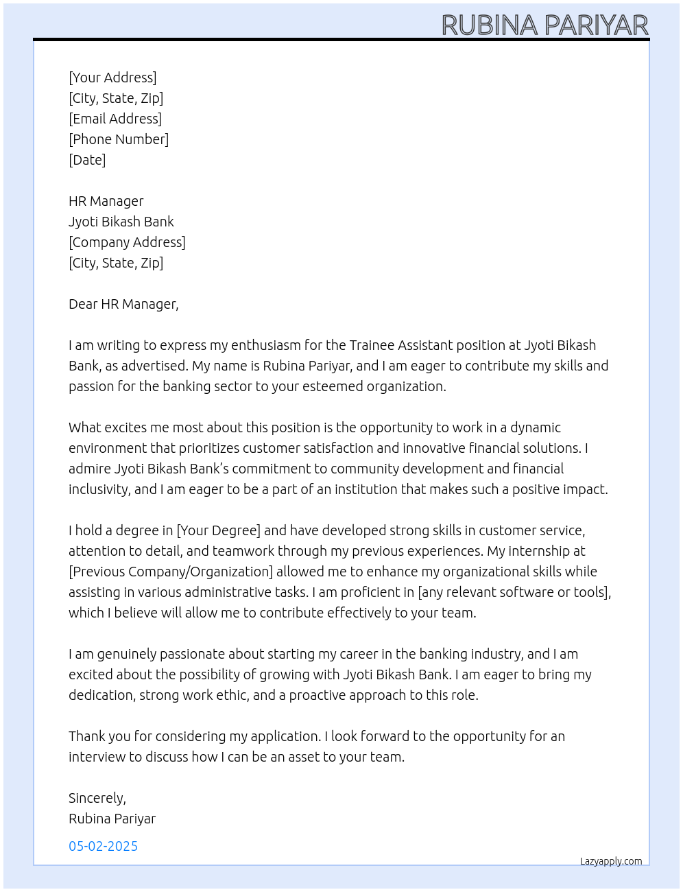 Trainee Assistant At Jyoti Bikash Bank Cover Letter