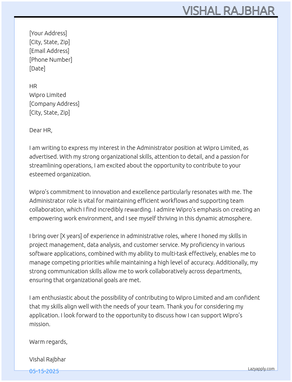 Administrator  At Wipro Limited  Cover Letter