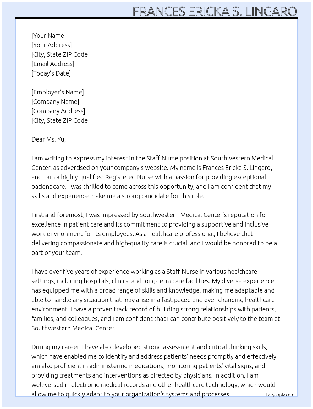 Staff Nurse At Southwestern Medical Center Cover Letter