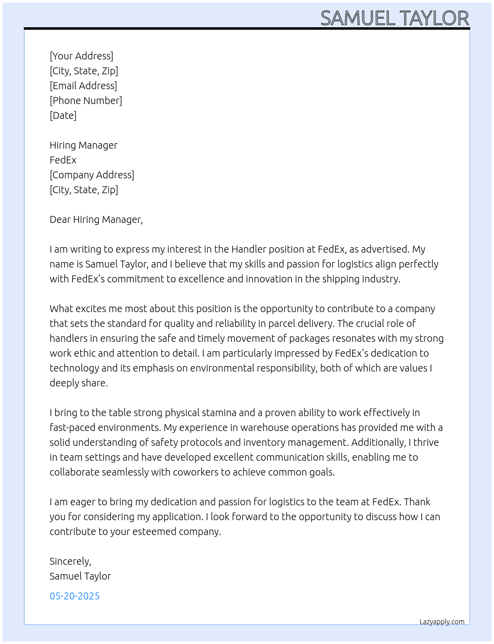 Handler At FedEx Cover Letter