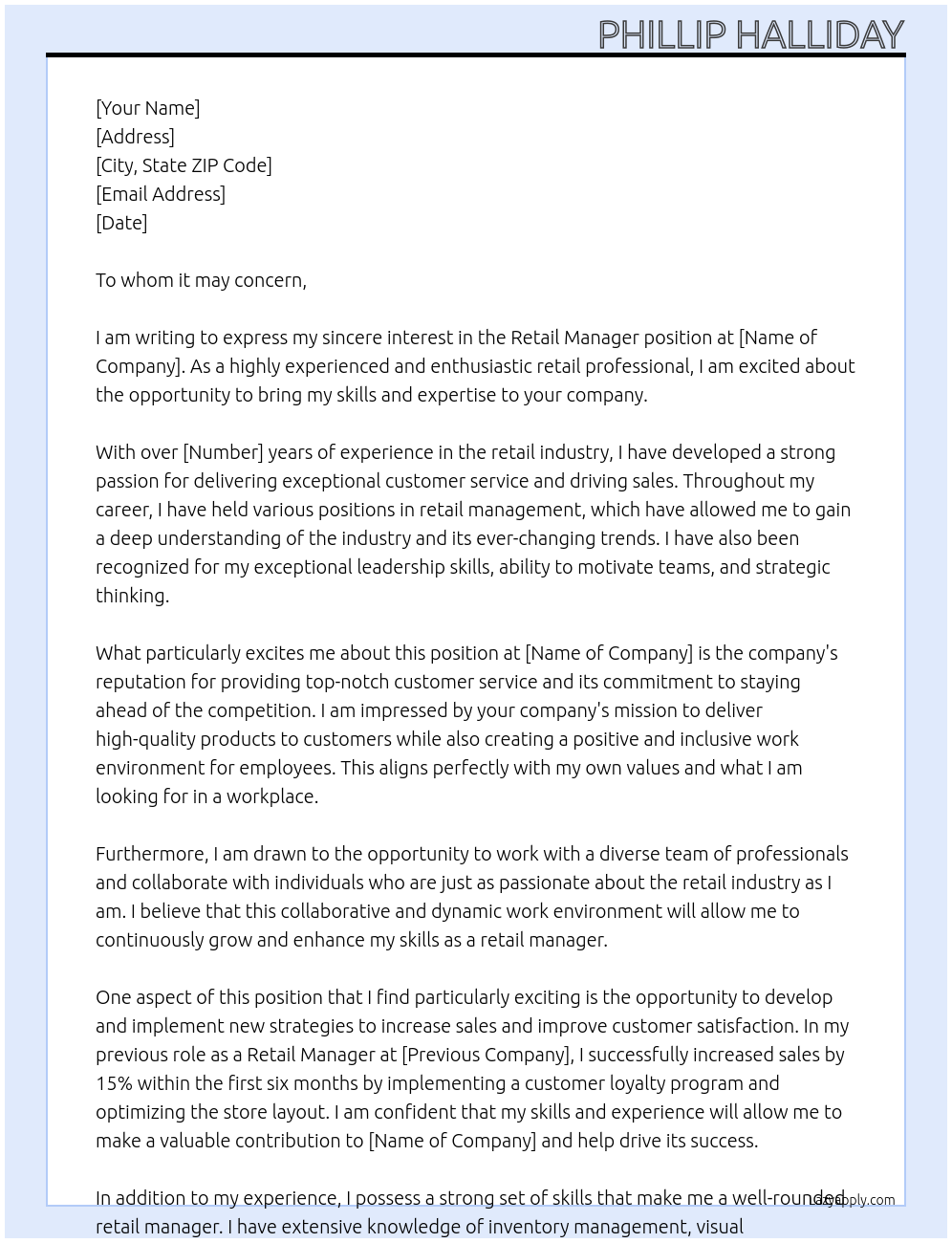 Retail Manager At example Cover Letter