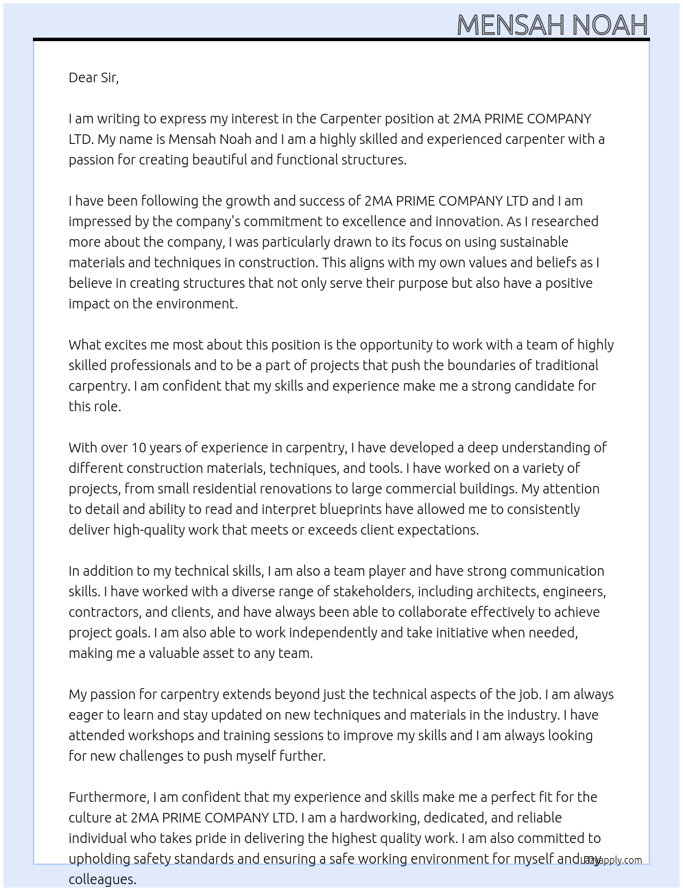 Carpenter  At 2MA PRIME COMPANY LTD  Cover Letter