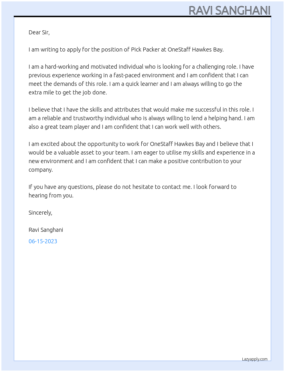 Pick Packer At OneStaff Hawkes Bay Cover Letter