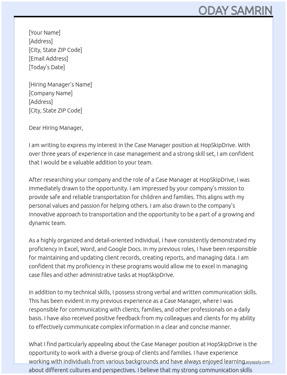 Case Manager At HopSkipDrive Cover Letter