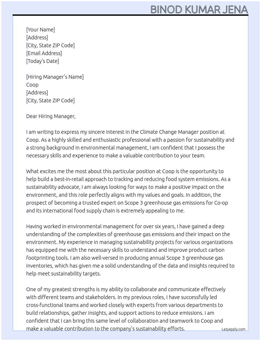 Climate Change Manager At Coop Cover Letter