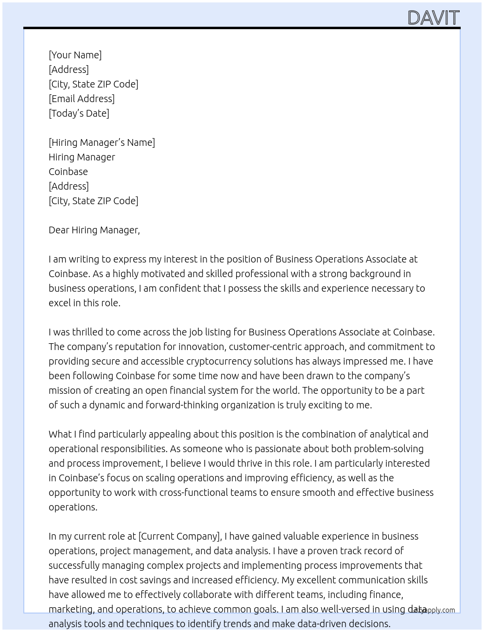 Business Operations Associate At Coinbase Cover Letter