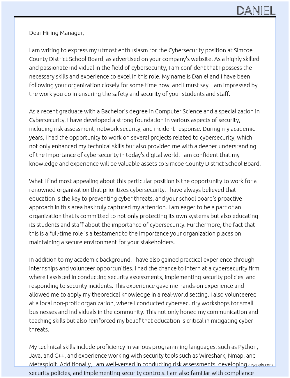 Cybersecurity At Simcoe County District School Board Cover Letter