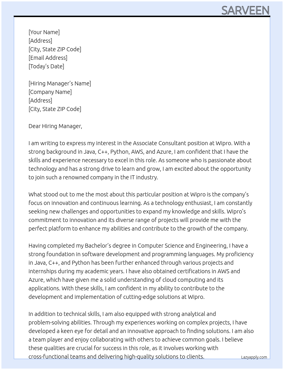 Associate Consultant At Wipro Cover Letter