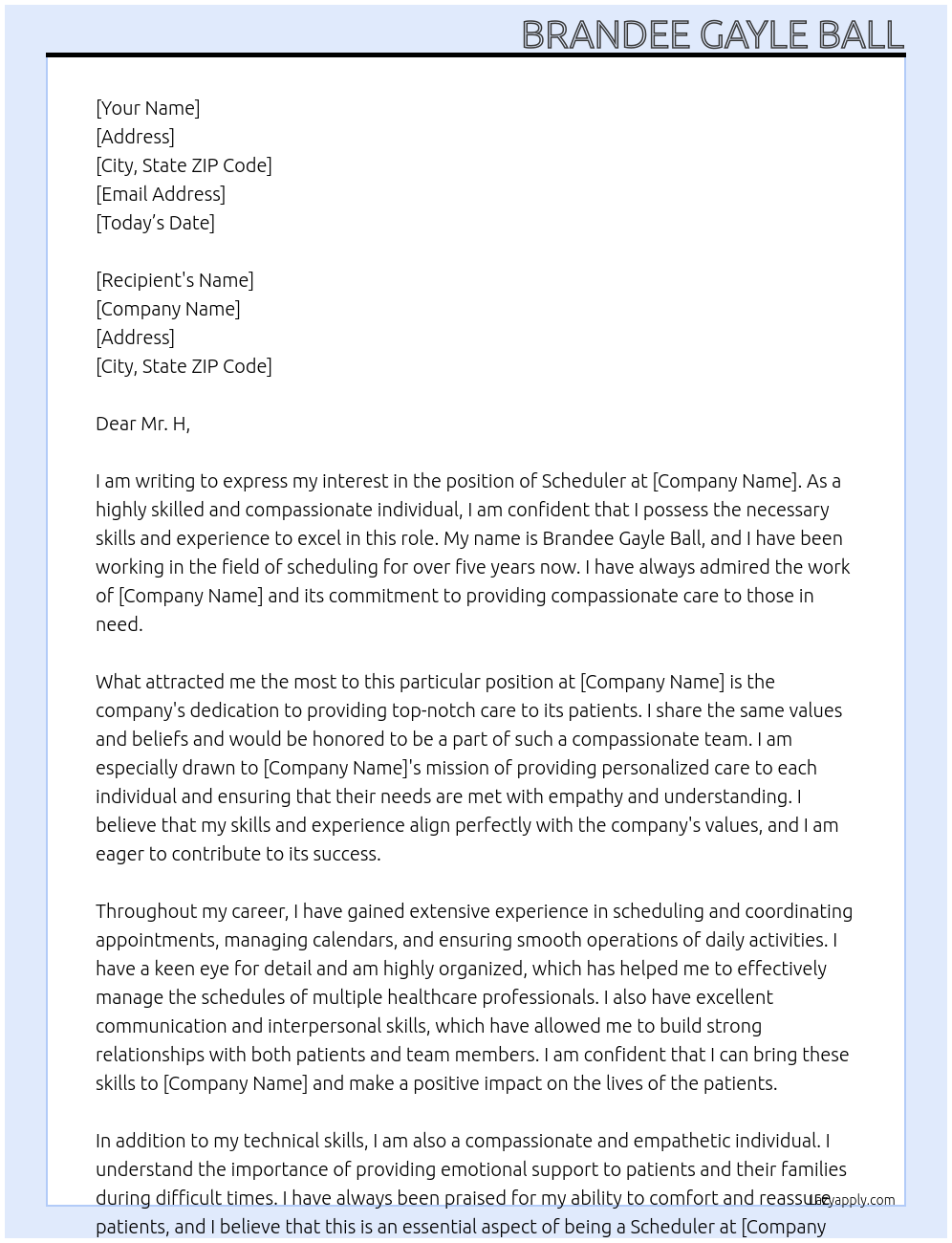 Scheduler At Company Cover Letter